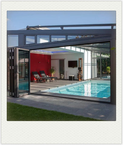 Aluminum glass panel accordion bifold folding door with built-in blinds on China WDMA