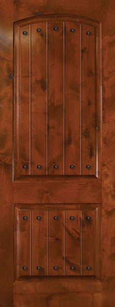 WDMA 42x96 Door (3ft6in by 8ft) Exterior Knotty Alder 42in x 96in Arch 2 Panel V-Grooved Estancia Alder Door with Clavos 1