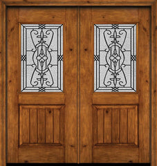 WDMA 60x80 Door (5ft by 6ft8in) Exterior Cherry Alder Rustic V-Grooved Panel 1/2 Lite Double Entry Door Jacinto Glass 1