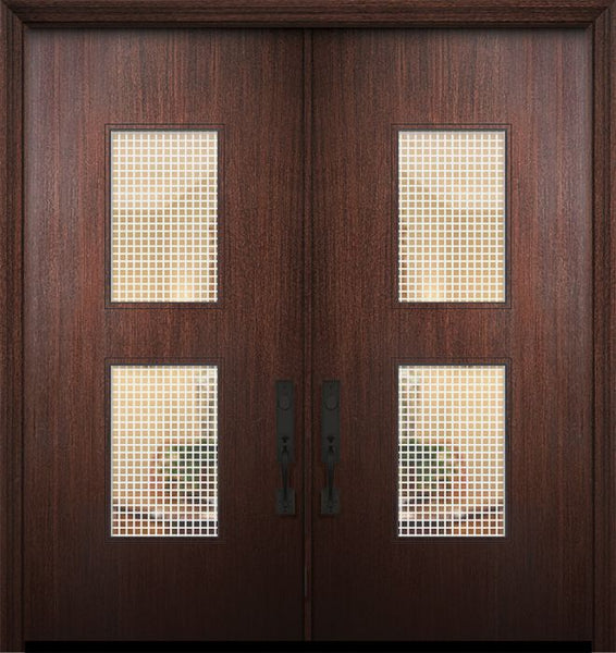 WDMA 64x80 Door (5ft4in by 6ft8in) Exterior Mahogany 80in Double Newport Solid Contemporary Door w/Metal Grid 1