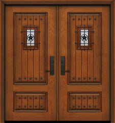 WDMA 64x80 Door (5ft4in by 6ft8in) Exterior Mahogany IMPACT | 80in Double 2 Panel Square V-Grooved Door with Speakeasy / Clavos 1