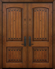 WDMA 64x96 Door (5ft4in by 8ft) Exterior Knotty Alder 96in Double 2 Panel Arch V-Groove Door with Clavos 1