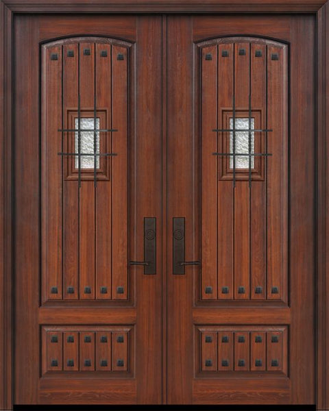 WDMA 64x96 Door (5ft4in by 8ft) Exterior Cherry 96in Double 2 Panel Arch V-Grooved or Knotty Alder Door with Speakeasy / Clavos 1