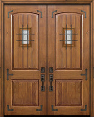 WDMA 64x96 Door (5ft4in by 8ft) Exterior Knotty Alder 96in Double 2 Panel Arch V-Groove Door with Speakeasy / Corner Straps 1