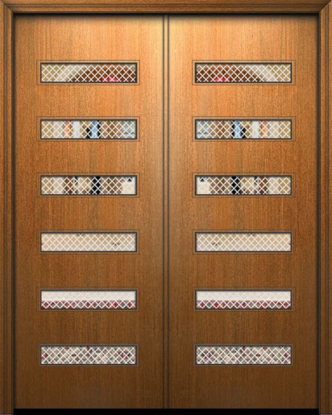 WDMA 64x96 Door (5ft4in by 8ft) Exterior Mahogany 96in Double Beverly Solid Contemporary Fiberglass Door w/Metal Grid 1