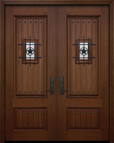WDMA 64x96 Door (5ft4in by 8ft) Exterior Mahogany IMPACT | 96in Double 2 Panel Square V-Grooved Door with Speakeasy / Clavos 1