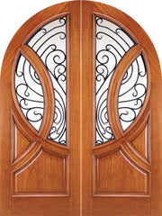 WDMA 72x96 Door (6ft by 8ft) Exterior Mahogany Round Top Solid Double Doors with Forged Iron 1