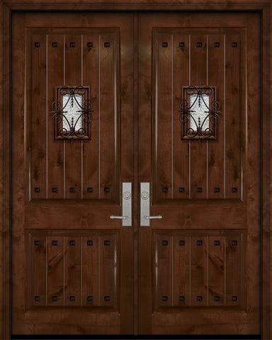 WDMA 84x96 Door (7ft by 8ft) Exterior Knotty Alder 42in x 96in Double 2 Panel V-Grooved Estancia Alder Door with Speakeasy / Clavos 1